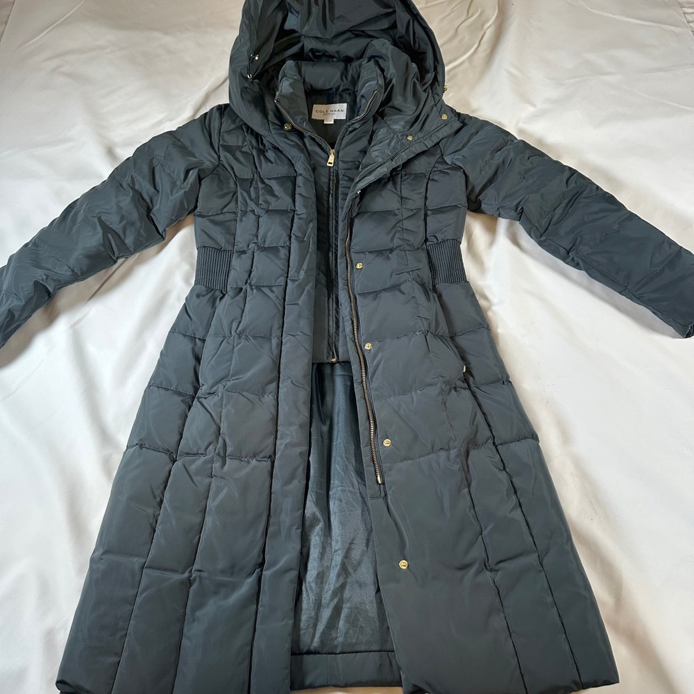 Cole Haan Signature Womens XS Gray Long Puffer Coat Hooded Bib Down Fill Jacket